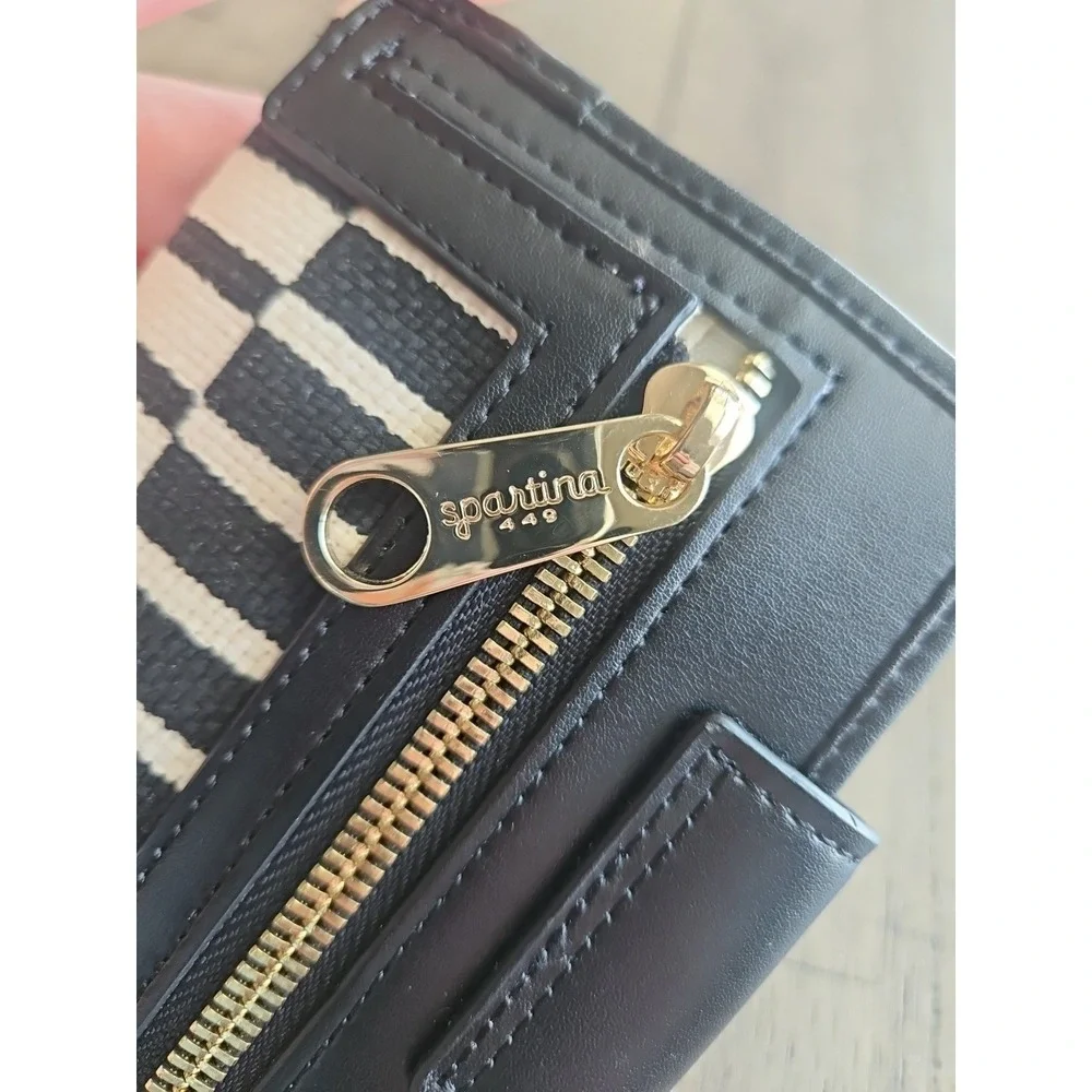 Spartina 449 Wallet Black Cream Rhett Yacht Club Geometric Linen Leather Coastal - Picture 4 of 16